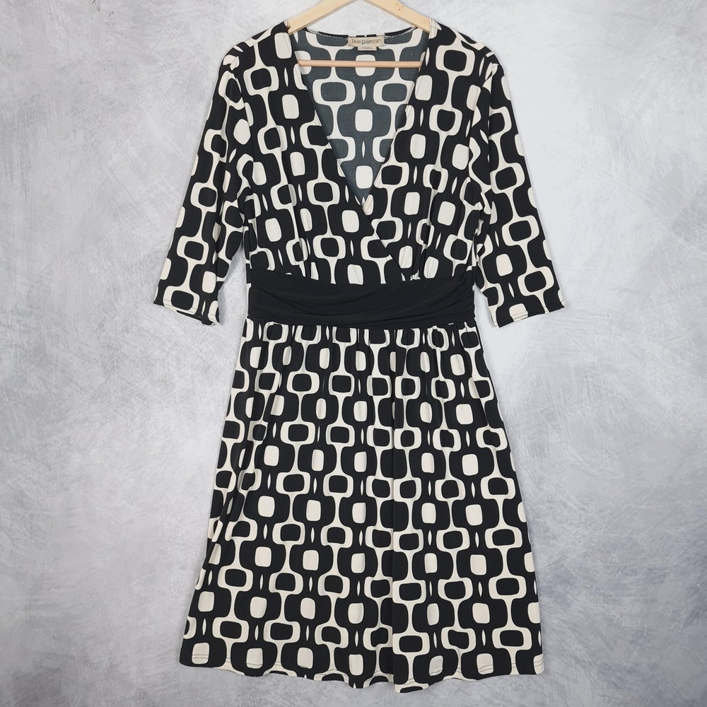 Vntg Y2K Dress Womens Medium Black Retro Geometric Wrap Fit Flare Mod Retro